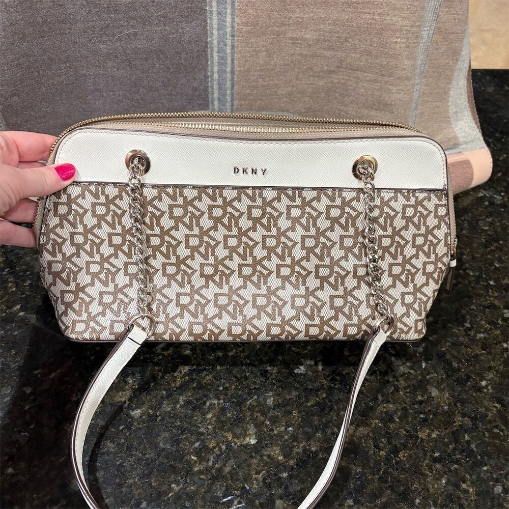 DKNY Bryant Park Monogram Satchel Shoulder Bag Tan White Silver Chain